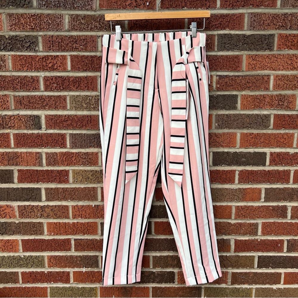 Body by Us Pink White and Black Striped Belted Dress Pants Trousers